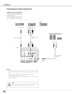 Page 1818
    AUDIO 
R      IN      L VIDEO IN    DVI-I/
RGB IN-1
SERVICE PORT S-VIDEO IN
 COMPUTER
  AUDIO IN
 AUDIO OUT
            RGB IN-2/
COMPONENT IN/
            RGB OUT
RESET
MCI
Installation
Connecting to Video Equipment
Cables used for connection
• Video and Audio Cable (RCA x 3) ✽
• S-VIDEO Cable ✽
• Audio Cables (Mini Plug: stereo) ✽
(✽= Not supplied with this projector.)
Note:
When connecting the cable, the power cords of both the projector and
the external equipment should be disconnected from AC...