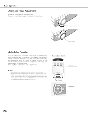 Page 2424
Basic Operation
Rotate the Zoom Lever to zoom in and out.  
Rotate the Focus Ring to adjust the projected picture focus.  
Zoom Lever
Focus Ring
Auto Setup Function
Auto setup function is provided to automatically correct Keystone
distortion according to the projectors tilt and adjust the computer
display parameters (Fine sync, Total dots and Picture position) by
just pressing the AUTO SET button on the top control or on the
remote control unit. The operational setup for the Auto setup can
be changed...