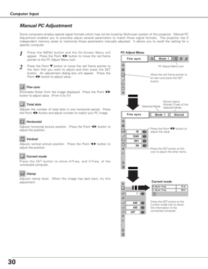 Page 3030
Computer Input
Press the MENU button and the On-Screen Menu will
appear.  Press the Point 
7 8button to move the red frame
pointer to the PC Adjust Menu icon.1
2Press the Point d dbutton to move the red frame pointer to
the item that you want to adjust and then press the SET
button.  An adjustment dialog box will appear.  Press the
Point 
7 8button to adjust value.Move the red frame pointer to
an item and press the SET
button.
PC Adjust Menu
PC Adjust Menu icon
Eliminates flicker from the image...