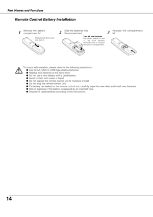 Page 1414
Part Names and Functions
To insure safe operation, please observe the following precautions :
●Use (2) AA, UM3 or LR06 type alkaline batteries.
●Replace two batteries at the same time.
●Do not use a new battery with a used battery.
●Avoid contact with water or liquid.
●Do not expose the remote control unit to moisture or heat.
●Do not drop the remote control unit.
●If a battery has leaked on the remote control unit, carefully wipe the case clean and install new batteries.
●Risk of explosion if the...