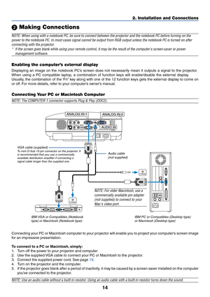 Page 2214
2. Installation and Connections
 Making Connections
NOTE: When using with a notebook PC, be sure to connect between the projector and the notebook PC before turning on the
power to the notebook PC. In most cases signal cannot be output from RGB output unless the notebook PC is turned on after
connecting with the projector.
*If the screen goes blank while using your remote control, it may be the result of the computers screen-saver or power
management software.
AC IN
ANALOG IN-1ANALOG IN-2
VIDEO INL...