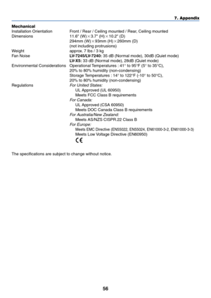 Page 6456
7. Appendix
Mechanical
Installation Orientation Front / Rear / Ceiling mounted / Rear, Ceiling mounted
Dimensions 11.6 (W)3.7 (H)10.2 (D)
294mm (W)93mm (H)260mm (D)
(not including protrusions)
Weight approx. 7 lbs / 3 kg
Fan NoiseLV-7245/LV-7240: 35 dB (Normal mode), 30dB (Quiet mode)
LV-X5: 33 dB (Normal mode), 28dB (Quiet mode)
Environmental Considerations Operational Temperatures : 41° to 95°F (5° to 35°C),
20% to 80% humidity (non-condensing)
Storage Temperatures : 14° to 122°F (-10° to...