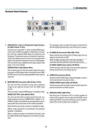 Page 157
1. Introduction
VIDEO INL   AUDIO IN   R
S-VIDEO IN
ANALOG IN-1
ANALOG IN-2
AUDIO OUTL   AUDIO IN   RSERVICE PORTAUDIO IN
MONO MONO
41
325
Terminal Panel Features
1. ANALOG IN-1 and -2 / Component Input Connec-
tor (Mini D-Sub 15 Pin)
Connect your computer or other analog RGB equip-
ment such as IBM compatible or Macintosh comput-
ers. Use the supplied RGB cable to connect to your
computer. This also serves as a component input con-
nector that allows you to connect a component video
output of...