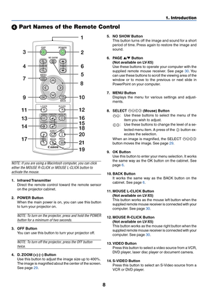 Page 168
1. Introduction
 Part Names of the Remote Control
NOTE: If you are using a Macintosh computer, you can click
either the MOUSE R-CLICK or MOUSE L-CLICK button to
activate the mouse.
1. Infrared Transmitter
Direct the remote control toward the remote sensor
on the projector cabinet.
2. POWER Button
When the main power is on, you can use this button
to turn your projector on.
NOTE: To turn on the projector, press and hold the POWER
button for a minimum of two seconds.
3. OFF Button
You can use this...