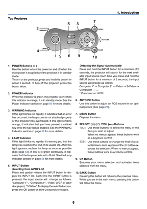 Page 156
1. Introduction
Top Features
MENU
BACK
KEYSTONE
WARNING
POWER
AUTO PC
INPUT
VOL-VOL+
LAMP
3
4
158
9
2
106
7
1. POWER Button (  )
Use this button to turn the power on and off when the
main power is supplied and the projector is in standby
mode.
To turn on the projector, press and hold this button for
about 1 second. To turn off the projector, press this
button twice.
2. POWER Indicator
When this indicator is green, the projector is on; when
this indicator is orange, it is in standby mode. See the
Power...