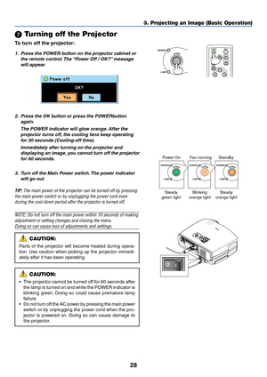 Page 3728
 Turning off the Projector
To turn off the projector:
3. Projecting an Image (Basic Operation)
WARNINGPOWER
LAMP
POWER
INPUT IMAGE
ASPECT
INFO.
MENUNO SHOW
AUTO PC1. Press the POWER button on the projector cabinet or
the remote control. The “Power Off / OK?” message
will appear.
WARNING
LAMP
POWERWARNING
LAMP
WARNING
LAMP
POWERPOWER
Power On Fan running Standby
Steady
green lightBlinking
orange lightSteady
orange light
CAUTION:
Parts of the projector will become heated during opera-
tion. Use caution...