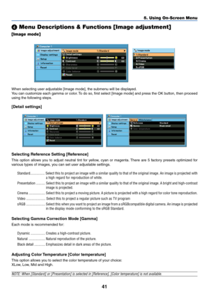 Page 5041
5. Using On-Screen Menu
 Menu Descriptions & Functions [Image adjustment]
[Image mode]
    
When selecting user adjustable [Image mode], the submenu will be displayed.
You can customize each gamma or color. To do so, first select [Image mode] and press the OK button, then proceed
using the following steps.
[Detail settings]
   
Selecting Reference Setting [Reference]
This option allows you to adjust neutral tint for yellow, cyan or magenta. There are 5 factory presets optimized for
various types of...