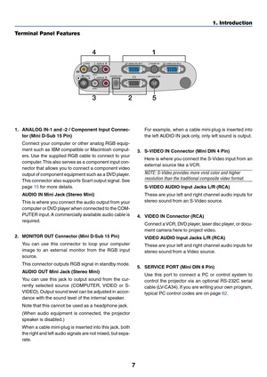 Page 167
1. Introduction
L  AUDIO IN  RANALOG IN-
1 ANALOG IN-
2
AUDIO OUTL  AUDIO IN  RSERVICE PORT AUDIO INMONO
MONO
VIDEO  IN
S -
VIDEO
IN
14
235
Terminal Panel Features
1. ANALOG IN-1 and -2 / Component Input Connec-
tor (Mini D-Sub 15 Pin)
Connect your computer or other analog RGB equip-
ment such as IBM compatible or Macintosh comput-
ers. Use the supplied RGB cable to connect to your
computer. This also serves as a component input con-
nector that allows you to connect a component video
output of...