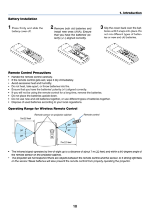 Page 1910
1. Introduction
Remote Control Precautions
• Handle the remote control carefully.
• If the remote control gets wet, wipe it dry immediately.
•A void excessive heat and humidity.
• Do not heat, take apart, or throw batteries into fire.
• Ensure that you have the batteries polarity (+/-) aligned correctly.
• If you will not be using the remote control for a long time, remove the batteries.
• Do not place the batteries upside down.
• Do not use new and old batteries together, or use different types of...