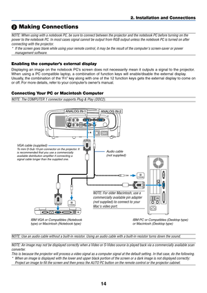 Page 2314
2. Installation and Connections
 Making Connections
NOTE: When using with a notebook PC, be sure to connect between the proj\
ector and the notebook PC before turning on the
power to the notebook PC. In most cases signal cannot be output from RGB\
 output unless the notebook PC is turned on after
connecting with the projector.* If the screen goes blank while using your remote control, it may be the \
result of the computers screen-saver or power
management software.
L  AUDIO IN  RANALOG IN -
1A NALOG...