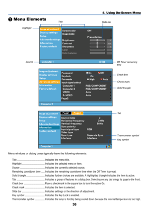 Page 4536
5. Using On-Screen Menu
 Menu Elements
Highlight
TitleSlide bar
Off Timer  remaining
timeSource
Solid triangle
Check mark
Ta b
Thermometer symbolKe y symbol
Menu windows or dialog boxes typically have the following elements:
Title .......................................... Indicates the menu title.
Highlight ................................... Indicates the selected menu or item.
Source ...................................... Indicates the currently selected source.
Remaining countdown time ........