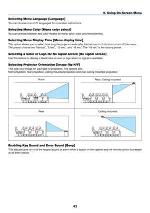 Page 5243
5. Using On-Screen Menu
Selecting Menu Language [Language]
Y ou can choose one of 21 languages for on-screen instructions.
Selecting Menu Color [Menu color select]
You can choose between two color modes for menu color: color and monochrome.
Selecting Menu Display Time [Menu display time]
This option allows you to select how long the projector waits after the last touch of a button to turn off the menu.
The preset choices are “Manual”, “5 sec”, “15 sec”, and “45 sec”. The “45 sec” is the factory...