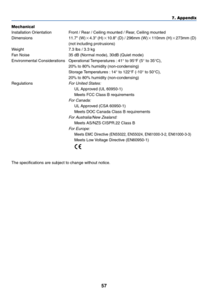 Page 6657
7. Appendix
Mechanical
Installation Orientation Front / Rear / Ceiling mounted / Rear, Ceiling mounted
Dimensions 11.7 (W) 4.3 (H) 10.8 (D) / 296mm (W) 110mm (H) 273mm (D)
(not including protrusions)
W eight 7.3 lbs / 3.3 kg
F an Noise 35 dB (Normal mode), 30dB (Quiet mode)
Environmental Considerations Operational Temperatures : 41 ° to 95 °F (5 ° to 35 °C),
20% to 80% humidity (non-condensing)
Storage Temperatures : 14 ° to 122 °F (-10 ° to 50 °C),
20% to 80% humidity (non-condensing)...