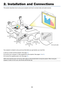 Page 2011
This section describes how to set up your projector and how to connect video and audio sources.
2. Installation and Connections
Your projector is simple to set up and use. But before you get started, you must first:

  Set up a screen and the projector. See page 
12 .
  Connect your computer or video equipment to the projector. See pages 
14  to  18 .
\f  Connect the supplied power cord. See page 
19 .
NOTE: Ensure that the power cord and any other cables are disconnected before moving the projector....