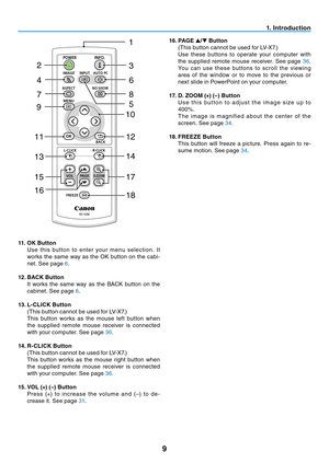 Page 18
9
BACK
R-CLICKL-CLICK
VOL
FREEZE
D.ZOOMPAGE
MENU
POWER
RD-428E
INPUTIMAGE
ASPECT
INFO.
NO SHOW
AUTO PC
1
2
46
78
3
5
13
11
15
14
12
17
1816
9
10
. Introduction
 . OK Button
  Use  this  but ton  to  enter  your  menu  selec tion.  It 
works  the  same  way  as  the  OK  button  on  the  cabi-
net. See page 6.
 2.  BACK Button
  It  works  the  same  way  as  the  BACK  button  on  the 
cabinet. See page 6.
 3.  L-CLICK Button
  (This button cannot be used for LV-X7.)
  This...