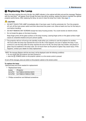Page 8071
6. Maintenance
 Replacing the Lamp
When the lamp reaches the end of its life, the LAMP indicator in the cabinet will blink red and the message “Replace 
with the new lamp.”* will appear. Even though the lamp may still be working, replace the lamp to maintain the optimal 
projector performance. After replacing the lamp, be sure to clear the lamp hour meter. See page 68.
 CAUTION
•	 DO	NOT	TOUCH	THE	LAMP	immediately	after	it	has	been	used.	It	will	be	extremely	hot.	Turn	the	projector	 off, turn off the...
