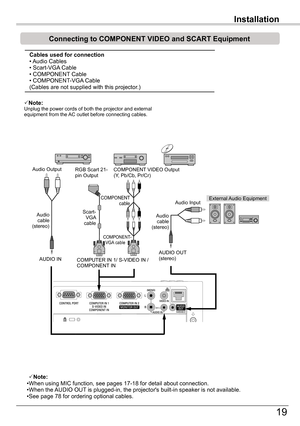 Page 19
Installation

19

Installation

(MIC)-

Connecting	to	COMPONENT	VIDEO	and	SCART	Equipment
External Audio Equipment
AUDIO IN
Audio cable (stereo)
Audio Input
COMPONENT VIDEO Output(Y, Pb/Cb, Pr/Cr)Audio OutputRGB Scart 1-pin Output
Scart-VGA cable 
COMPONENT-     VGA cable
AUDIO OUT (stereo)
COMPONENT cable
COMPUTER IN 1/ S-VIDEO IN / COMPONENT IN 
Cables	used	for	connection		• Audio Cables • Scart-VGA Cable • COMPONENT Cable • COMPONENT-VGA Cable (Cables are not supplied with this projector.)...