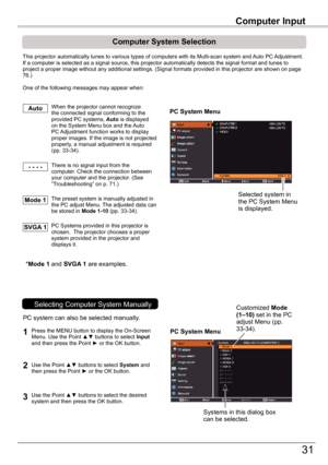 Page 31
31

Computer	Input
PC	System	Menu
PC	System	Menu
Computer	System	Selection
This projector automatically tunes to various types of computers with it\
s Multi-scan system and Auto PC Adjustment. If a computer is selected as a signal source, this projector automatical\
ly detects the signal format and tunes to project a proper image without any additional settings. (Signal formats\
 provided in this projector are shown on page 76.)
One of the following messages may appear when:
When the projector cannot...