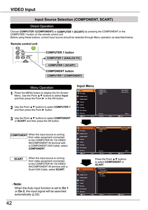 Page 42
4

VIDEO	Input

Choose COMPUTER	1(COMPONENT) or COMPUTER	1	(SCART) by pressing the COMPONENT or the COMPUTER 1 button on the remote control unit.Before using these buttons, correct input source should be selected thro\
ugh Menu operation as described below.
1
Input	Menu
2Use the Point ▲▼ buttons to select COMPUTER 1 and then press the Point ► button.
Input	Source	Selection	(COMPONENT,	SCART)
When the input source is coming from video equipment connected to the COMPUTER IN 1/S-VIDEO IN/COMPONENT IN...