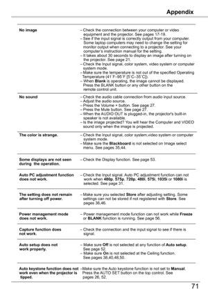 Page 71
71

Appendix
	 No	image – Check the connection between your computer or video               equipment and the projector. See pages 17-19.    – See if the input signal is correctly output from your computer.            Some laptop computers may need to change the setting for                                                                monitor output\
 when connecting to a projector. See your            computer’s instruction manual for the setting.     – It takes about 30 seconds to display an image...