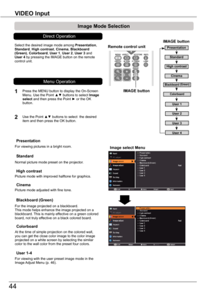 Page 44
44

VIDEO	Input

Image	select	Menu
IMAGE	button
Presentation
High	contrast
User 1
User 2
User 3
Image	Mode	Selection	
User 4
Blackboard	(Green)
Standard
Remote	control	unit
IMAGE	button
Select the desired image mode among Presentation, Standard, High	contrast, Cinema, Blackboard	(Green), Colorboard, User 1, User 2, User 3 and User 4 by pressing the IMAGE button on the remote control unit.
Standard
Picture mode with improved halftone for graphics.
High	contrast
Blackboard	(Green)
User	1-4
For the image...