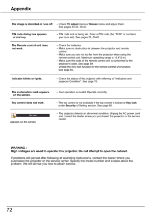 Page 72
7

Appendix

	 The	image	is	distorted	or	runs	off.	– Check PC	adjust menu or Screen menu and adjust them.          See pages 33-34, 38-40.
	 PIN	code	dialog	box	appears – PIN code lock is being set. Enter a PIN code (the “134” or numbers    at	start-up.   you have set). See pages , 60-61.
	 The	Remote	control	unit	does  – Check the batteries.  not	work.  – Make sure no obstruction is between the projector and remote      control.     – Make sure you are not too far from the projector...