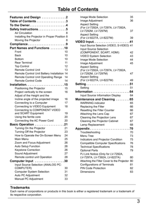 Page 33
Table	of	Contents
TrademarksEach name of corporations or products in this book is either a registere\
d trademark or a trademark of its respective corporation.
Features and Design  . . . . . . . . . . . . . .2
Table	of	Contents . . . . . . . . . . . . . . . . .3
To	the	Owner . . . . . . . . . . . . . . . . . . . . .4
Safety	Instructions . . . . . . . . . . . . . . . .5
Air Circulation 8
Installing the Projector in Proper Position 8
Moving the Projector 8
Compliance . . . . . . . . . . . . . . . . . . ....