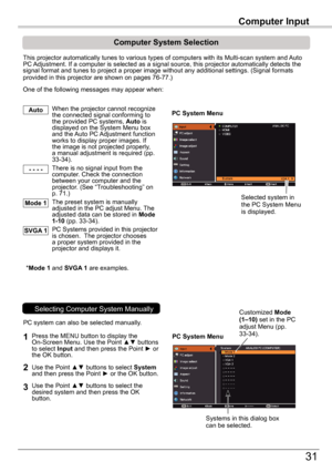 Page 3131
Computer	Input
PC	System	Menu
PC	System	Menu
Computer	System	Selection
This projector automatically tunes to various types of computers with it\
s Multi-scan system and Auto PC Adjustment. If a computer is selected as a signal source, this projector\
 automatically detects the signal format and tunes to project a proper image without any additional\
 settings. (Signal formats provided in this projector are shown on pages 76-77.)
One of the following messages may appear when:
When the projector cannot...