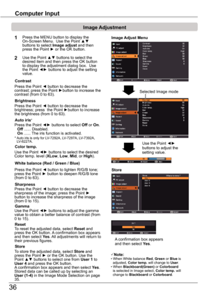 Page 3636
Computer	Input
Image	Adjust	Menu
Image	Adjustment
Reset
Press the MENU button to display the On-Screen Menu.  Use the Point ▲▼ buttons to select Image	adjust and then press the Point ► or the OK button.
1
2Use the Point ▲▼ buttons to select the desired item and then press the OK button to display the adjustment dialog box.  Use the Point ◄► buttons to adjust the setting value.
Note:• When White balance Red, Green or blue is    adjusted, Color	temp. will change to User.• When Blackboard(Green) or...