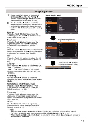 Page 45VIDEO	Input
45
VIDEO	Input
Image	Adjustment
1
2
Press the Point ◄ button to decrease the contrast; press the Point ► button to increase the contrast (from 0 to 63).
Press the Point ◄ button to decrease the brightness; press  the Point ► button to increase the brightness (from 0 to 63).
Contrast
Brightness
Press the Point ◄ button to lighten R/G/B tone; press the Point ► button to deepen R/G/B tone (from 0 to 63).
White	balance	(Red	/	Green	/	Blue)
Use the Point ◄► buttons to select the desired Color...