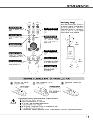 Page 1515
BEFORE OPERATION
VOLUME
POWER
FOCUS
ZOOMVIDEO
COMPUTER
D.ZOOM
MENUMUTE
LASER
KEY STONENO SHOWFREEZE
AUTO IMAGENORMAL
To insure safe operation, please observe the following precautions :
lUse (2) AA type alkaline batteries.
lReplace two batteries at the same time.
lDo not use a new battery with a used battery.
lAvoid contact with water or liquid.
lDo not expose the Remote Control Unit to moisture, or heat.
lDo not drop the remote control unit.
lIf batteries have leaked on the remote control, carefully...