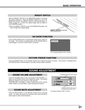 Page 2121
BASIC OPERATION
Press the VOLUME button on the Top Control or the VOLUME (+/–)
button on the Remote Control Unit to adjust the volume.  The Volume
dialog box appears on the screen for a few seconds.
The POINT UP or VOLUME (+) button increase the volume, and the
POINT DOWN or the VOLUME (–) button decrease the volume.
Press the MUTE button on the Remote Control Unit to mute the
sound.  To restore the sound to its previous level, press the MUTE
button again or press Volume button(s).
It indicates the...