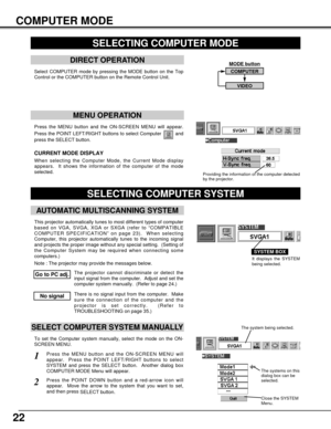 Page 2222
Press the MENU button and the ON-SCREEN MENU will appear.
Press the POINT LEFT/RIGHT buttons to select Computer  and
press the SELECT button.  
COMPUTER MODE
SELECTING COMPUTER MODE
MENU OPERATION
When selecting the Computer Mode, the Current Mode display
appears.  It shows the information of the computer of the mode
selected.  
CURRENT MODE DISPLAY
Providing the information of the computer detected
by the projector.
SELECTING COMPUTER SYSTEM
AUTOMATIC MULTISCANNING SYSTEM
This projector automatically...