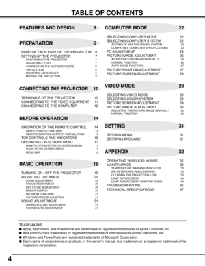 Page 44
TABLE OF CONTENTS
TRADEMARKS
lApple, Macintosh, and PowerBook are trademarks or registered trademarks of Apple Computer,Inc.
lIBM and PS/2 are trademarks or registered trademarks of International Business Machines, Inc.
lWindows and PowerPoint are registered trademarks of Microsoft Corporation.
lEach name of corporations or products in the owners manual is a trademark or a registered trademark of its
respective corporation.
FEATURES AND DESIGN 5
BEFORE OPERATION 14COMPUTER MODE 22
VIDEO MODE 29
SETTING...