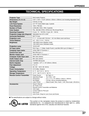 Page 3737
APPENDIX
0.9 TFT Active Matrix type, 3 panels
TECHNICAL SPECIFICATIONS
Multi-media Projector
9.26 lbs (4.2 kg)
9.45 x 3.66 x 13.23 (240mm x 93mm x 336mm) (not including Adjustable Feet)
1024 x 768 dots
2,359,296 (1024 x 768 x 3 panels)
PAL, SECAM, NTSC, NTSC4.43, PAL-M and PAL-N
H-sync. 15 ~ 100 KHz, V-sync. 50 ~ 100 Hz
Adjustable from 30” to 300”
800 TV lines
1 speaker, 1.57 x 1.18 (40mm x 30mm) 
AC 100 ~ 120 V, 50 / 60 Hz
2.5 A (Max. Ampere) 
41 ˚F ~ 95 ˚F (5 ˚C ~ 35 ˚C)
14 ˚F ~ 140 ˚F (-10 ˚C ~ 60...