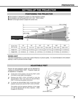 Page 77
PREPARATION
ADJUSTABLE FEET
Picture tilt and projection angle can be adjusted by
rotating the ADJUSTABLE FEET.  Projection angle can
be adjusted to 10 degrees. 
Lift the front of the projector and pull the FEET LOCK
LATCHES on both sides of the projector.1
ADJUSTABLE FEET
SETTING-UP THE PROJECTOR
FEET LOCK
LATCHES
Release the FEET LOCK LATCHES to lock the
ADJUSTABLE FEET and rotate the ADJUSTABLE
FEET TO fine tune the position and the tilt. 2
To shorten the ADJUSTABLE FEET, lift the front of the...