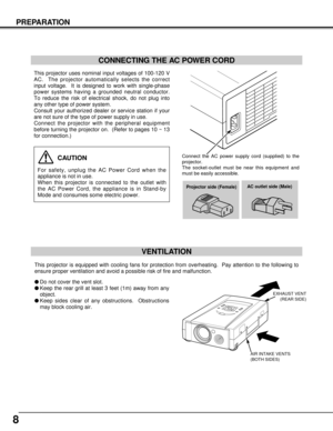 Page 88
PREPARATION
lDo not cover the vent slot.
lKeep the rear grill at least 3 feet (1m) away from any
object.
lKeep sides clear of any obstructions.  Obstructions
may block cooling air.
This projector is equipped with cooling fans for protection from overheating.  Pay attention to the following to
ensure proper ventilation and avoid a possible risk of fire and malfunction.
VENTILATION
AIR INTAKE VENTS 
(BOTH SIDES)EXHAUST VENT
(REAR SIDE)
This projector uses nominal input voltages of 100-120 V
AC.  The...