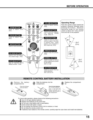 Page 1515
BEFORE OPERATION
VOLUME
POWER
FOCUS
ZOOMVIDEO
COMPUTER/
MCI
D.ZOOM
MENUMUTE
LASER
KEYSTONENO SHOWFREEZE
AUTO IMAGENORMAL
PAG E
To insure safe operation, please observe the following precautions :
lUse (2) AA type alkaline batteries.
lReplace two batteries at the same time.
lDo not use a new battery with a used battery.
lAvoid contact with water or liquid.
lDo not expose the Remote Control Unit to moisture, or heat.
lDo not drop the remote control unit.
lIf batteries have leaked on the remote control,...