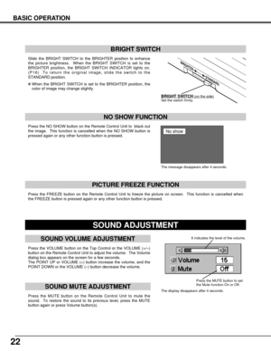 Page 2222
BASIC OPERATION
It indicates the level of the volume.
Press the MUTE button to set
the Mute function On or Off.
The display disappears after 4 seconds.  
The message disappears after 4 seconds.
No show
Slide the BRIGHT SWITCH to the BRIGHTER position to enhance
the picture brightness.  When the BRIGHT SWITCH is set to the
BRIGHTER position, the BRIGHT SWITCH INDICATOR lights on.
(P16)  To return the original image, slide the switch to the
STANDARD position.
]When the BRIGHT SWITCH is set to the...