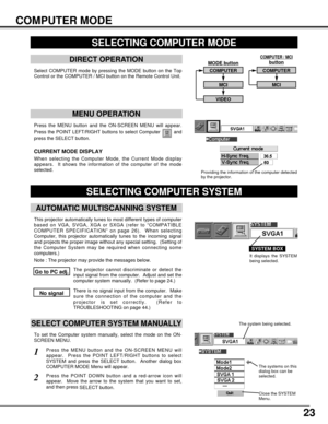 Page 2323
COMPUTER / MCIbutton
Press the MENU button and the ON-SCREEN MENU will appear.
Press the POINT LEFT/RIGHT buttons to select Computer  and
press the SELECT button.  
COMPUTER MODE
SELECTING COMPUTER MODE
DIRECT OPERATION
Select COMPUTER mode by pressing the MODE button on the Top
Control or the COMPUTER / MCI button on the Remote Control Unit.
MENU OPERATION
When selecting the Computer Mode, the Current Mode display
appears.  It shows the information of the computer of the mode
selected.  
CURRENT MODE...