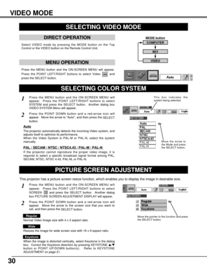 Page 3030
VIDEO MODE
Press the MENU button and the ON-SCREEN MENU will appear.
Press the POINT LEFT/RIGHT buttons to select Video  and
press the SELECT button.  
SELECTING VIDEO MODE
DIRECT OPERATION
Select VIDEO mode by pressing the MODE button on the Top
Control or the VIDEO button on the Remote Control Unit.
MENU OPERATION
SELECTING COLOR SYSTEM
Press the MENU button and the ON-SCREEN MENU will
appear.  Press the POINT LEFT/RIGHT buttons to select
SYSTEM and press the SELECT button.  Another dialog box
VIDEO...