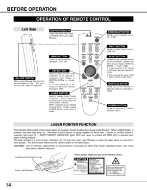 Page 1414
BEFORE OPERATION
VOLUME
POWER
FOCUS
ZOOM
D.ZOOM
MENUMUTE
LASER
KEYSTONENO SHOWFREEZE
AUTO PC ADJ.IMAGE
P-TIMER
INPUT
BRIGHT
OPERATION OF REMOTE CONTROL
ON
ALL OFF
ALL-OFF SWITCH
Left Side
When using Remote Control Unit,
turn this switch to “ON.”  And turn it
to “ALL OFF” when it is not used.
This Remote Control Unit emits a laser beam as the laser pointer function from Laser Light Window.  When LASER button is
pressed, the laser light goes on.  And when LASER button is being pressed for more than 1...