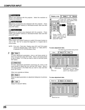 Page 2626
COMPUTER INPUT
NOTE : Fine sync, Total dots, Display area (H/V) and Full screen
cannot be adjusted when “1035i (HDTV)” or “1080i (HDTV)”
is selected on PC SYSTEM Menu (P22).
Selects area displayed with this projector.  Select the resolution at
Display area dialog box.
Display area
Adjustment of horizontal area displayed with this projector.  Press
POINT LEFT/RIGHT button(s) to decrease/increase value and then
press SET button.
Display area H
Adjustment of vertical area displayed with this projector....