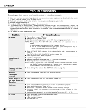 Page 4040
APPENDIX
TROUBLESHOOTING
Before calling your dealer or service center for assistance, check the matters below once again.
1. Make sure you have connected a projector to your computer or video equipment as described in the section
CONNECTING THE PROJECTOR  on pages 11 ~ 13.
2. Check cable connection.  Verify that all computer, video and power cord are properly connected.
3. Verify that all power is switched on.
4. If a projector still does not produce an image, re-start your computer.
5. If an image...