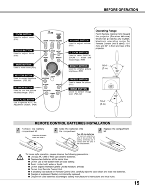 Page 1515
BEFORE OPERATION
To insure safe operation, please observe the following precautions :
Use (2) AA, UM3 or R06 type alkaline batteries.
Replace two batteries at the same time.
Do not use a new battery with an used battery.
Avoid contact with water or liquid.
Do not expose Remote Control Unit to moisture, or heat.
Do not drop Remote Control Unit.
If a battery has leaked on Remote Control Unit, carefully wipe the case clean and load new batteries.
Danger of explosion if battery is incorrectly...