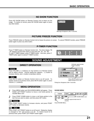 Page 2121
BASIC OPERATION
Press FREEZE button on Remote Control Unit to freeze the picture on-screen.  To cancel FREEZE function, press FREEZE
button again or press any other button.
Press NO SHOW button on Remote Control Unit to black out the
image.  To restore to normal, press NO SHOW button again or press
any other button.
NO SHOW FUNCTION
PICTURE FREEZE FUNCTION
Message disappears after 4 seconds.
No show
Press P-TIMER button on Remote Control Unit.  The timer display “00
: 00” appears and the timer starts...