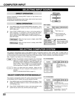 Page 2222
COMPUTER INPUT
SELECTING INPUT SOURCE
MENU OPERATION
DIRECT OPERATION
Choose Computer by pressing INPUT button on Top Control or on
Remote Control Unit.
If projector cannot reproduce proper image, select correct input source
through MENU OPERATION (see below).
Press MENU button and ON-SCREEN MENU will appear.  Press
POINT LEFT/RIGHT button to move a red frame pointer to
INPUT Menu icon.
Press POINT DOWN button to move a red arrow pointer to
either Computer 1 or Computer 2 and then press SET button....