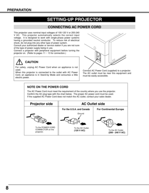 Page 8SETTING-UP PROJECTOR
8
PREPARATION
This projector uses nominal input voltages of 100-120 V or 200-240
V AC.  This projector automatically selects the correct input
voltage.  It is designed to work with single-phase power systems
having a grounded neutral conductor.  To reduce risk of electrical
shock, do not plug into any other type of power system.
Consult your authorized dealer or service station if you are not sure
of the type of power supply being in use.
Connect a projector with peripheral equipment...