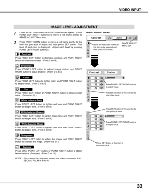 Page 3333
VIDEO INPUT
Press POINT LEFT/RIGHT buttons
to adjust value.
Press MENU button and ON-SCREEN MENU will appear.  Press
POINT LEFT/RIGHT button(s) to move a red frame pointer to
IMAGE ADJUST Menu icon.1
2Press POINT DOWN button to move a red frame pointer to the
item that you want to adjust and then press SET button.  The
level of each item is displayed.  Adjust each level by pressing
POINT LEFT/RIGHT button(s).
Move the red frame pointer to
the item to be selected and
then press SET button.
IMAGE ADJUST...