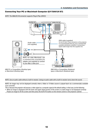 Page 27
8
2. Installation and Connections
Connecting Your PC or Macintosh Computer (LV-7260/LV-X7)
NOTE: The ANALOG IN connector supports Plug & Play (DDC2).
S-VIDEOINVIDEOIN
L
AUDIO INRSERVICE PORT
ANALOG INANALOG INAUDIO IN 
PHONE
PHONE
Vga cable (supplied)to mini  d-s ub 15-pin connector on the projector. 
i t is recommended that you use a commercially 
available distribution amplifier if connecting a signal cable longer than the supplied one.
iBM PC or Compatibles ( desktop type)
or Macintosh ( desktop...